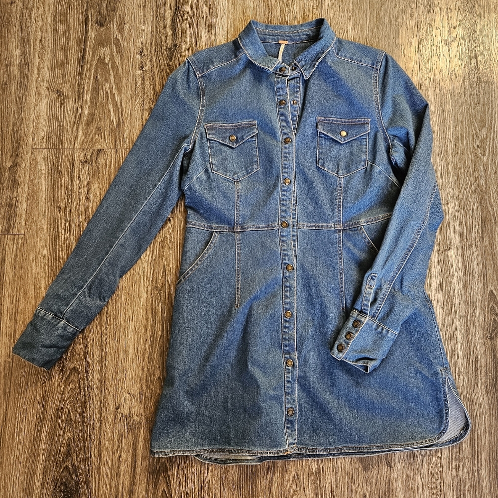 Free People Dynomite Stretch Denim Button Long Sleeve Pocket Mini Dress Medium - Picture 2 of 10